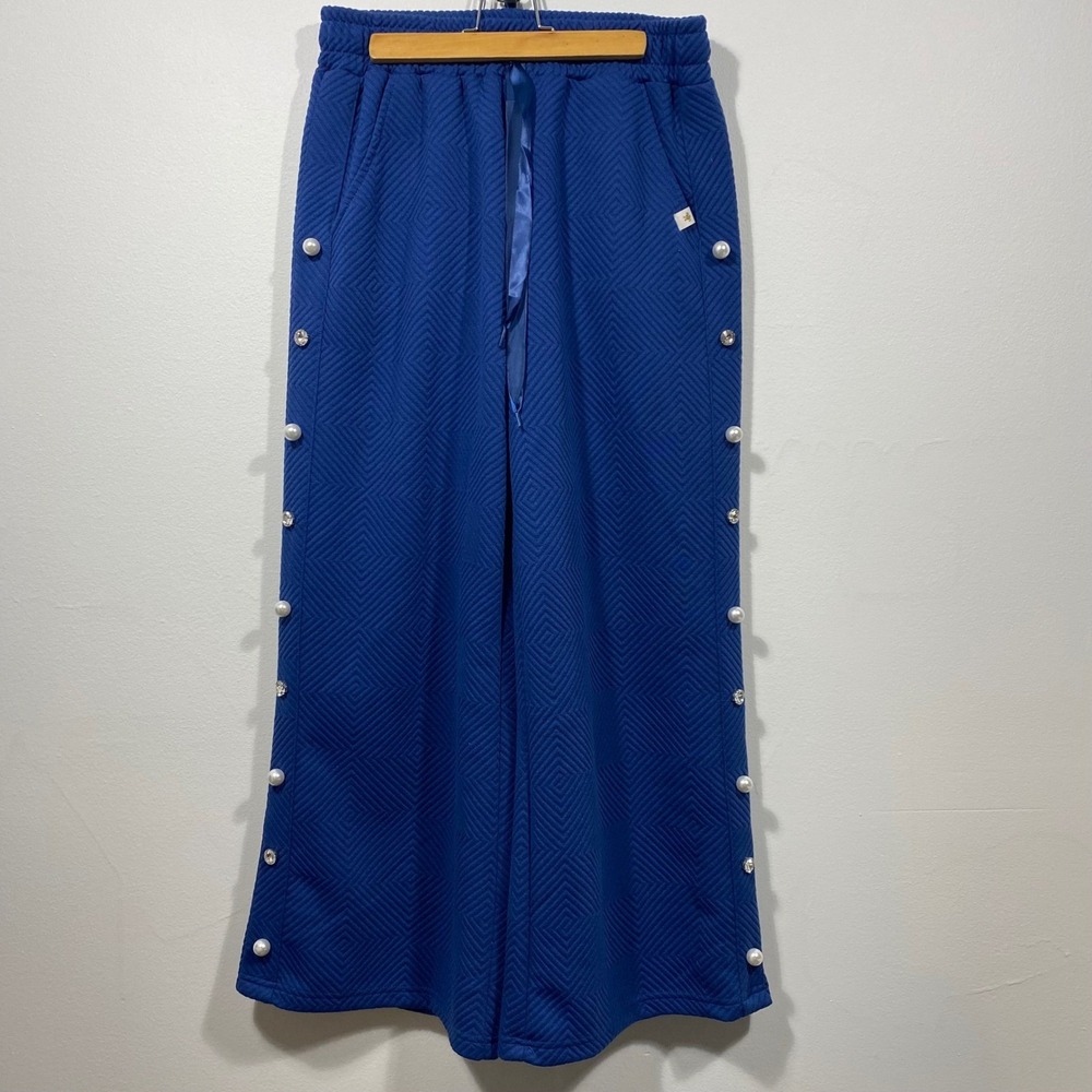 Simply Southern Royal Blue Quilted Diamond Wide Leg Pants Pearl Detail Sz‎ M